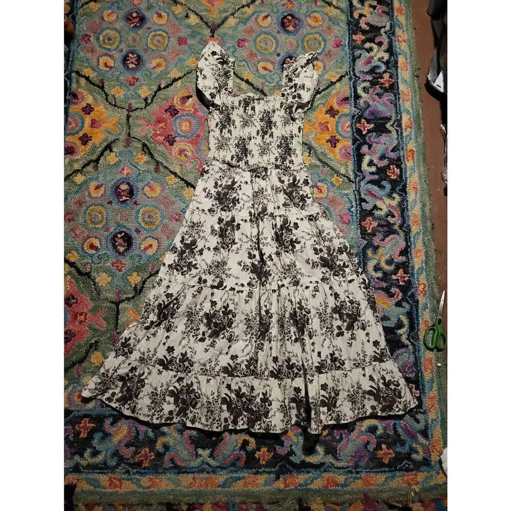 Lini Smocked Ruffle Sleeve Floral Midi Dress Ivory Black Women's Small